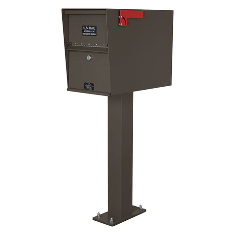 A bronze Standard Letter Locker mailbox made of steel with a front access door and a red flag on the top.